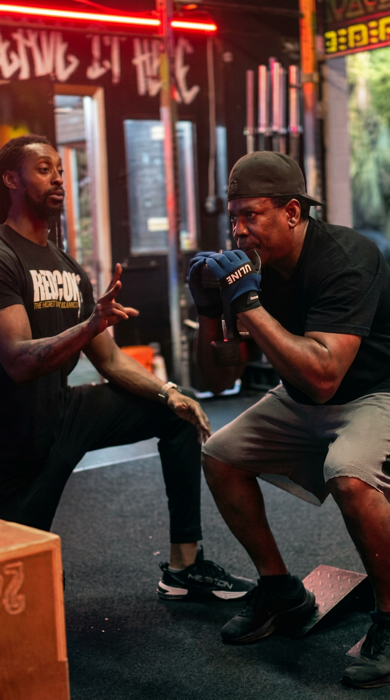 MMFitness coach cueing a member through boxing pads work on the red-lit gym floor