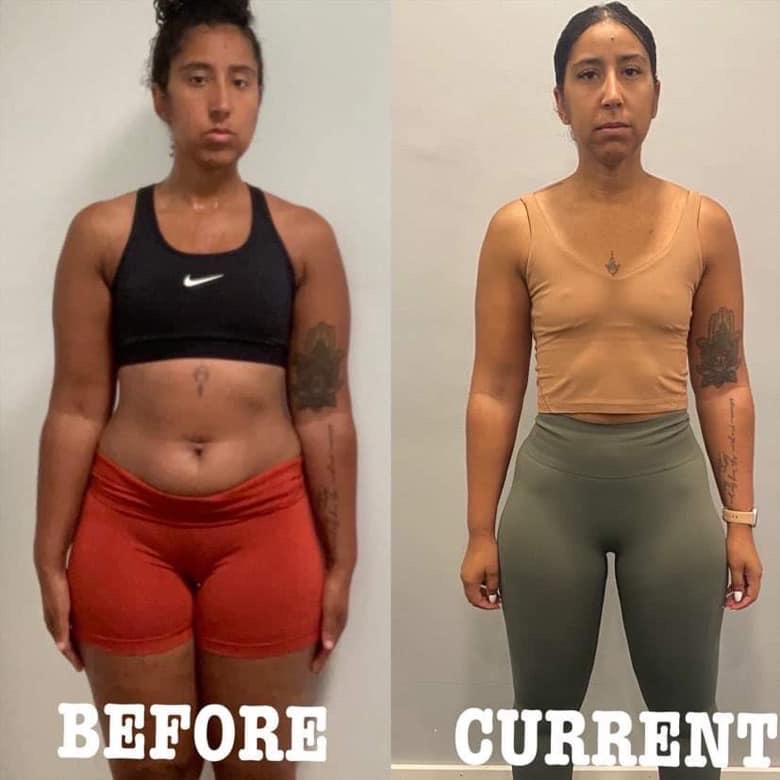MMFitness member before and current progress photos showing visible change from consistent training